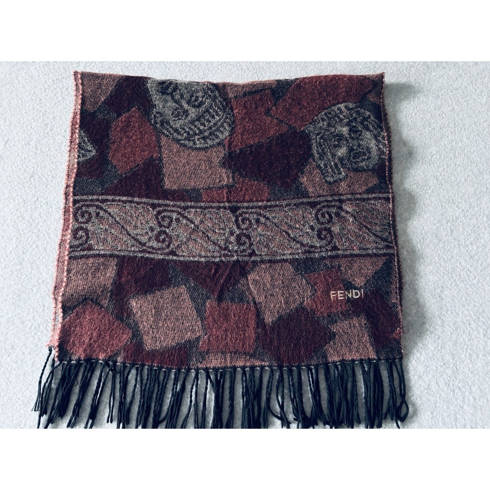 Vintage FENDI Roman Head Jacquard Geometric Fringe Scarf Wrap - Reversible